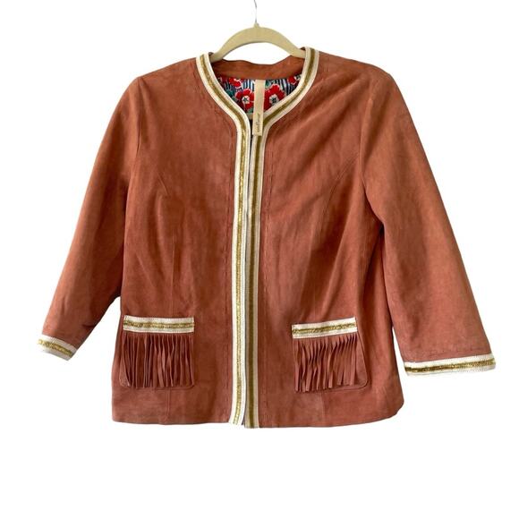 Unfleur Pink Suede Jacket Cropped Sleeves Fringe Gold Trim Size Small - Picture 1 of 8